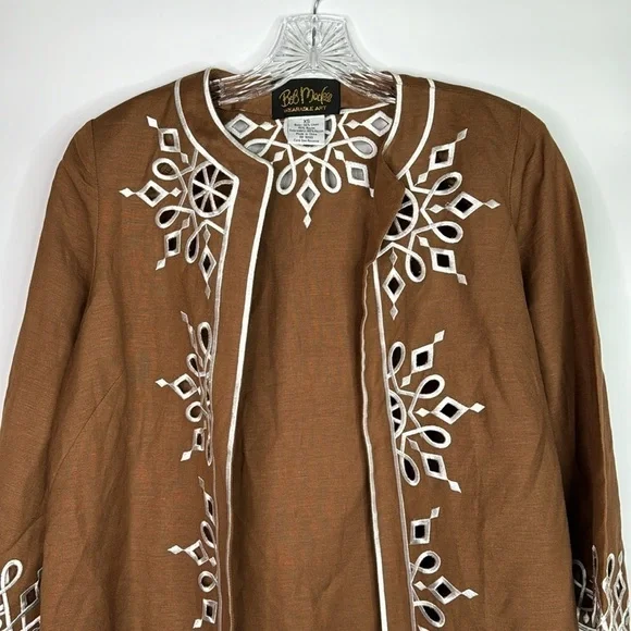 Bob Mackie Wearable Art Brown Embroidered Linen Blouse Size XS - Picture 2 of 8